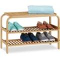 Relaxdays - Schuhbank Bambus, 6 Paar Schuhe, Sitzbank Flur, Bad, 2 Ablagen, Garderobenbank HxBxT: 45 x 70 x 30 cm, natur