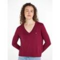 Strickpullover TOMMY JEANS "TJW ESSENTIAL VNECK SWEATER EXT" Gr. L (40), lila (valley lila melange), Damen, Strick, Obermaterial: 53% Baumwolle, 40% Viskose, 7% Polyamid, meliert, Pullover, mit Logostickerei