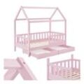 Juskys Kinderbett Marli 90 x 200 cm mit Bettkasten, Gitter, Lattenrost & Dach - Holz Hausbett Rosa