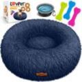 LOVPET® Hundebett Hundekissen Katzenbett Bagel Waschbar Inkl. Napf + 3x Kauknochen Hundesofa flauschig Kissen Rund aus Plüsch für Kleine Navyblau /