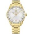 Quarzuhr TOMMY HILFIGER "TH85 CRYSTALS", gold (goldfarben, silberfarben), Armbanduhren, Damen, Armbanduhr, Damenuhr, Edelstahlarmband, analog, Tag, Glassteine