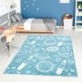 Kinderteppich CARPET CITY "ANIME912", blau, B:190cm H:11mm L:280cm, Polypropylen (PP), Teppiche, Kinderzimmer Teppich Modern mit Mond, Blumen, Wolken, Creme, Multi