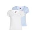 T-Shirt TOMMY JEANS "TJW 2PACK V-NECK TEE", Damen, Gr. XS (34), ecru, blau, Jersey, Obermaterial: 100% Baumwolle, unifarben, casual, regular fit hüftlang, V-Ausschnitt, Kurzarm abgesteppt, Shirts, mit Logostickerei