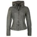 Lederjacke MAURITIUS "CASEY", Damen, Gr. L, grau (anthrazit), Obermaterial: 100% Schafsleder. Futter: 100% Baumwolle. Ärmelfutter: 100% Polyester, used, modisch, sehr figurbetont kurz, Langarm abgesteppt mit Reißverschluss, Jacken, mit abnehmbarem Kapuzen-Sweateinsatz & aufwendigen Biker-Details