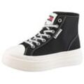 Plateausneaker TOMMY JEANS "TJW FOXING FLATFORM SNEAKER HIGH", Damen, Gr. 37, schwarz, Textil, kontrastfarbene Details, sportlich, Schuhe, Freizeitschuh, Schnürboots, High Top-Sneaker mit Kontrastnähten