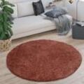 Paco Home - Teppich Rund Hochflor Wohnzimmer Shaggy Langflor Flauschig Modern Einfarbig 120 cm Rund, rost