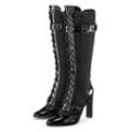 High-Heel-Stiefel LASCANA BELLE AFFAIRE Gr. 36, schwarz, Damen, Obermaterial: 50% Polyurethan, 50% Textilmaterial. Futter: 50% Polyurethan, 50% Textilmaterial. Decksohle: 100% Lederimitat. Laufsohle: 100% Synthetik, glänzend, Schuhe, Schnürstiefel mit erotischer Lack-Optik, High-Heel-Stiefelette