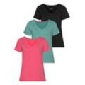 T-Shirt H.I.S "Essential-Basics", Damen, Gr. 32/34, bunt (schwarz, mint, rosa), Obermaterial: 100% Baumwolle, Basic, figurumspielend hüftlang, V-Ausschnitt, Kurzarm, Shirts, hüftlange Passform, figurumspielender Schnitt, aus 100% Baumwolle