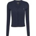 Strickjacke TOMMY JEANS "TJW CABLE ESSENTIAL CARDIGAN", Damen, Gr. XS (34), blau (schwarz night navy), Strick, Obermaterial: 100% Baumwolle, Zopfmuster, casual, slim fit hüftlang, V-Ausschnitt, Langarm Rippstrickbündchen, Strickjacken, mit Zopfmuster, Logostickerei