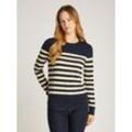 Rundhalspullover TOMMY HILFIGER "CO JERSEY STITCH LS C-NK SWT", Damen, Gr. XS (34), blau (schwarz night navy, calico), Strick, Obermaterial: 67% Baumwolle, 33% Polyamid, gestreift, casual, normal hüftlang, Rundhals, Langarm Bündchen, Pullover, mit Logostickerei