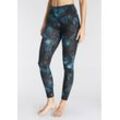 Leggings H.I.S, Damen, Gr. 48/50, N-Gr, schwarz (schwarz blau gemustert), Single Jersey, Obermaterial: 95% Baumwolle, 5% Elasthan, bedruckt, Basic, Basic knöchellang, Hosen, mit tropischem Palmenprint, Loungewear