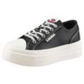 Plateausneaker TOMMY JEANS "TJW FOXING VULC LC LEATHER", Damen, Gr. 37, schwarz, Lederimitat, sportlich, Schuhe, Freizeitschuh, Halbschuh, Schnürschuh, Kontrast-Schnürsenkel