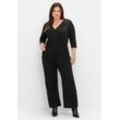 Jumpsuit SHEEGO "Große Größen", Damen, Gr. 42, Normalgrößen, schwarz, Obermaterial: 91% Polyester, 5% metallisierte Fasern, 4% Elasthan, unifarben, feminin, figurumspielend lang, V-Ausschnitt, 3/4-Ärmel, Overalls, in Wickeloptik, mit Glitzergarn