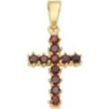 Kreuz-Anhänger FIRETTI "Schmuck Geschenk Gold 333 Halsschmuck Anhänger Kreuz", gold (gelbgoldfarben, rot, rot), Schmuckanhänger, Damen, Gelbgold 333, 0,71 g, mit Granat