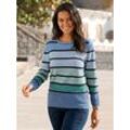 Rundhalspullover CASUAL LOOKS "Pullover", Damen, Gr. 36, blau (mittelblau, grün, geringelt), 75% Baumwolle, 25% Polyacryl, gemustert, gestreift, mehrfarbig, Langarm, Pullover