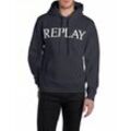 Kapuzensweatshirt REPLAY, Herren, Gr. M, blau (night blau), Sweatware, Obermaterial: 80% Baumwolle, 20% Polyester, bedruckt, casual, Langarm angesetztes Bündchen, Sweatshirts, mit großem Markenprint vorn