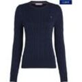 Rundhalspullover TOMMY HILFIGER CURVE "CRV CO CABLE VAR LS C-NK SWT" Gr. 46, blau (schwarz night navy), Damen, Strick, Obermaterial: 100% Baumwolle, unifarben, bestickt, Pullover, in Großen Größen, mit Zopfmuster, Langarm