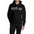 Kapuzensweatshirt REPLAY, Herren, Gr. M, schwarz, Sweatware, Obermaterial: 80% Baumwolle, 20% Polyester, bedruckt, casual, Langarm angesetztes Bündchen, Sweatshirts, mit großem Markenprint vorn