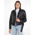 Lederjacke CALVIN KLEIN JEANS "CLASSIC FAUX LEATHER BIKER", Damen, Gr. L (40), schwarz (ck schwarz), Obermaterial: 74% Polyurethan, 22% Polyester, 4% sonstige Fasern, unifarben, feminin, regular fit, Jacken, mit Gürtel