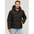 Steppjacke SUPERDRY "HOODED SPORTS PUFFR JACKET", Herren, Gr. XXL, schwarz, Web, Obermaterial: 100% Polyester, unifarben, modisch, slim fit, Langarm elastischer Bund, Jacken, mit kontrastfarbener Stickerei