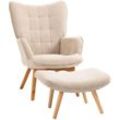 Ohrensessel mit Hocker, Relaxsessel, Polstersessel in Cord-Optik, Beige