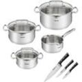 Topf-Set TEFAL "G719S7_K2323S74 Duetto+ Ice Force", grau (edelstahl), B:30cm H:19cm L:54cm Ø:24cm, Töpfe, rostfreier Edelstahl, Deckel m. Abgießfunktion, inkl. 3tlg. Messer-Set