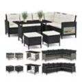 Juskys Gartenlounge Manacor schwarz - Sofa, Tisch, Hocker & Kissen - 7 Personen - Sitzbezüge Creme