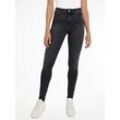 Skinny-fit-Jeans TOMMY HILFIGER "HARLEM U SKINNY HW CAL", Damen, Gr. 27, Länge 32, schwarz (cal), Denim/Jeans, Obermaterial: 81% Baumwolle, 10% Lyocell, 6% Elastomultiester, 3% Elasthan, unifarben, casual, skinny fit, Jeans, mit Tommy Hilfiger Logo-Badge