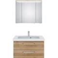 Badmöbel-Set SAPHIR "Balto Sprint 2-teilig, Mineralmarmor-Waschtisch mit LED-Spiegelschrank", braun (riviera eiche quer nachbildung), B:92cm H:200cm T:50,8cm, Spanplatte, Kastenmöbel-Sets, Badezimmer Set 92 cm breit, inkl. Türdämpfer, 3 Türen, 2 Schubladen