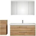 Badmöbel-Set SAPHIR "Balto Sprint 3-teilig, Mineralmarmor-Waschtisch mit LED-Spiegelschrank", braun (riviera eiche quer nachbildung), B:153cm H:200cm T:50,8cm, Spanplatte, Kastenmöbel-Sets, Badezimmer Set mit Unterschrank inkl Türdämpfer, 3 Türen, 2 Schubladen