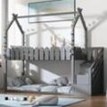 Hausbett mit 3 Treppe, mit 2 Schubladen, mit Zaun, Etagenbett, Kinderbett, Grau