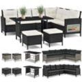 Juskys - Polyrattan Lounge Manacor – Gartenlounge mit Sofa, Tisch, 2 Hocker & Kissen – Gartenmöbel Set bis 7 Personen – Schwarz, Sitzbezüge in Creme