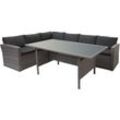 HHG - Poly-Rattan-Garnitur 471, Gartengarnitur Sitzgruppe Lounge-Esstisch-Set Sofa grau, Kissen grau