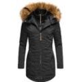 Wintermantel MARIKOO "Sanakoo", Damen, Gr. S (36), schwarz, Oberstoff: 100% Polyester, Futter: 100% Polyester, Wattierung: 100% Polyester, Ärmelfutter: 100% Polyester, Kunstpelz: 90% Polyacryl, 10% Polyester, modisch, tailliert Po-bedeckend, Mäntel, schicker Damen Kurzmantel mit Kunstfellkapuze