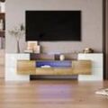 Stilvoller TV-Schrank, Lowboard.hochglänzendes Weiß, 200 cm, LED-Beleuchtung, Wohnzimmermöbel. modernes Design. elegante Glasoberfläche Natur Okwish