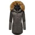 Wintermantel MARIKOO "Sanakoo", Damen, Gr. S (36), grau (anthrazit), Oberstoff: 100% Polyester, Futter: 100% Polyester, Wattierung: 100% Polyester, Ärmelfutter: 100% Polyester, Kunstpelz: 90% Polyacryl, 10% Polyester, modisch, tailliert Po-bedeckend, Langarm Ärmel ohne Ärmelschlitz Rippstrickbündchen, Mäntel, schicker Damen Kurzmantel mit Kunstfellkapuze