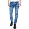 Straight-Jeans RUSTY NEAL "MORI", Herren, Gr. 29, Länge 32, blau (blau, denim), 98% Baumwolle, 2% Elasthan, unifarben, casual, Jeans, mit trendigen Zierelementen