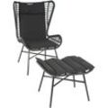 Neuwertig] Poly-Rattan Set HHG 316b, Balkon-Set Gartengarnitur Sitzgruppe Stuhl+Hocker Sessel, Seil anthrazit, Kissen anthrazit