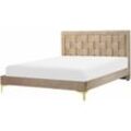 Bett Taupe Samtstoff mit Lattenrost 140 x 200 cm Hohes Kopfteil Goldenes Metallgestell Modern Glamourös Doppelbett Ehebett Schlafzimmer Möbel