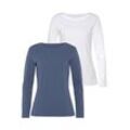 Langarmshirt VIVANCE "aus reiner Baumwolle", Damen, Gr. 32/34, blau (blau, creme), Interlock, Obermaterial: 100% Baumwolle, unifarben, Basic, Basic, Rundhals, Langarm, Shirts, aus leicht wärmender Interlock-Qualität