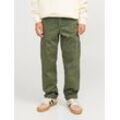 Cargohose JACK & JONES JUNIOR "JPSTKANE JJHARLOW CARGO NOOS JNR", Jungen, Gr. 140, N-Gr, grün (dusty olive), Web, Obermaterial: 98% Baumwolle, 2% Elasthan, unifarben, modisch, loose fit knöchellang, Hosen