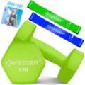 KESSER® Hanteln Hantelset 2er Set 2kg - 5kg farbig, Kurzhanteln Neopren, Hexagon, Krafttraining, Workout, Fitnesstraining, für Zuhause Mit Übungsheft, 2x Fitnessbänder