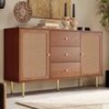 Kommode Beistellschrank Sideboard Anrichte Schrank Rattan (Schubladenkommode mit 2 Türen und 3 Schubladen aus Massivholz Holz), Füße aus Metall,