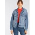 Jeansjacke LEVI'S "90S TRUCKER", Damen, Gr. XS (32), blau (mittelblau), Denim/Jeans, Obermaterial: 79% Baumwolle, 21% Lyocell, used, casual, figurumspielend hüftlang, Langarm Manschette, Jacken