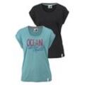 T-Shirt OCEAN SPORTSWEAR, Damen, Gr. 34, blau (schwarz, türkis), Single Jersey, Obermaterial: 65% Polyester, 35% Viskose, casual, lässig geschnitten hüftlang, Rundhals, Kurzarm angeschnitten Aufschlag, Shirts, Kurzarm mit Aufschlag, lässiger Schnitt, mit Logodruck