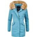 Wintermantel MARIKOO "Karmaa", Damen, Gr. S (36), blau (hellblau), Obermaterial: 100% Polyester, Futter: 100% Polyester, Wattierung: 100% Polyester, Ärmelfutter: 100% Polyester, Kunstfell: 90% Polyacryl, 10% Polyester, elegant, figurbetont Po-bedeckend, Langarm Ärmel ohne Ärmelschlitz Rippstrickbündchen, Mäntel, edler Parka mit Kunstfellkapuze