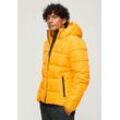 Steppjacke SUPERDRY "HOODED SPORTS PUFFR JACKET", Herren, Gr. S, gelb (saffron gelb), Web, Obermaterial: 100% Polyester, unifarben, modisch, slim fit, Langarm elastischer Bund, Jacken, mit kontrastfarbener Stickerei