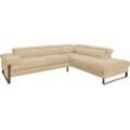 Ecksofa W.SCHILLIG "finn, Designsofa mit tollem Sitzkomfort, bequem, L-Form", beige (sahara s37), B:281cm H:71cm T:230cm, Flachgewebe S22 (100% Polyester), Stoff S37 (100% Polyester), Longlife Xtra-Leder Z59: Glattleder mit modischer Prägung. Hautstärke 0, 9 - 1, 1 mm, Sofas, German Design Award 2016, Fußgestell Nussbaum natur, Breite 281 cm