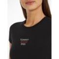 T-Shirt TOMMY JEANS "Slim Essential Logo", Damen, Gr. XS (34), schwarz, Single Jersey, Obermaterial: 60% Baumwolle, 40% Polyester, unifarben, casual, slim fit normal, Rundhals, Kurzarm abgesteppt, Shirts, Kurzarm Rundhals Jersey T Shirt mit Logo Druck Print, Baumwoll Mix