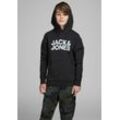 Kapuzensweatshirt JACK & JONES JUNIOR "JJECORP LOGO SWEAT HOOD", Jungen, Gr. 176 (182), schwarz, angeraute Sweatware, Obermaterial: 80% Baumwolle, 20% Polyester, bedruckt, modisch, regular fit normal, Rundhals, Langarm Rippbündchen, Sweatshirts